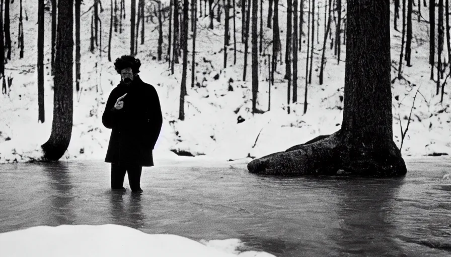 Image similar to 1 9 6 0 s movie still close up of marcus aurelius frozen to death, feets in a river, pine forests, cinestill 8 0 0 t 3 5 mm b & w, high quality, heavy grain, high detail, texture, dramatic light, anamorphic, hyperrealistic, foggy