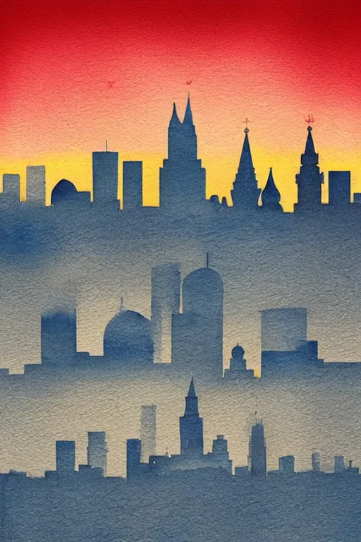 Prompt: minimalist watercolor art of moscow skyline at sunset, illustration, vector art