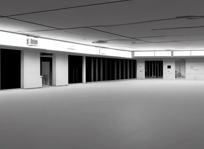 Image similar to cctv footage of a large white empty breakroom, retrofuturist liminal space, familiar place, clean, black mold, amateur, unreal engine, photorealistic, trending on artstation