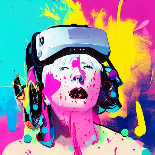 Image similar to illustration of cyberpunk girl with bubble gum in vr helmet, colorful splatters, by andy warhol and by zac retz and by kezie demessance