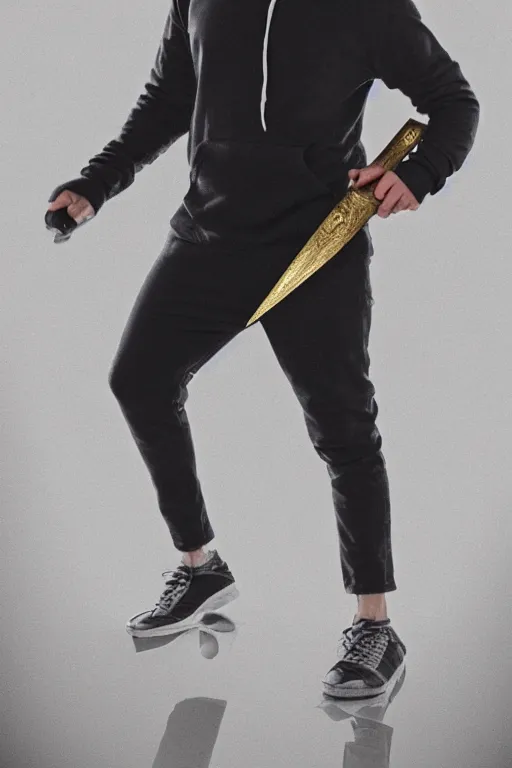 Image similar to a full body shot of a man in a black hoodie holding a dagger