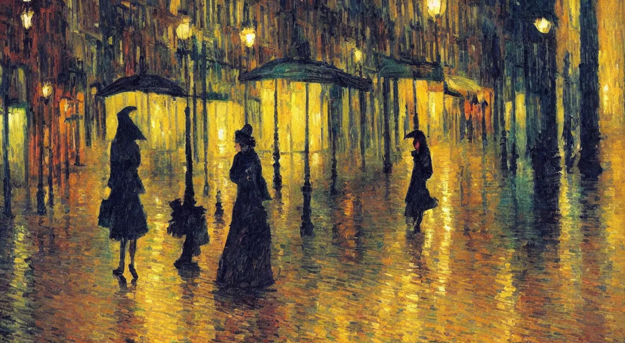 Image similar to evening city scene with young woman with umbrella. beautiful use of light and shadow to create a sense of depth and movement. post - impressionism, using energetic brushwork and a limited color palette, providing a distinctive look and expressive quality in a rhythmic composition