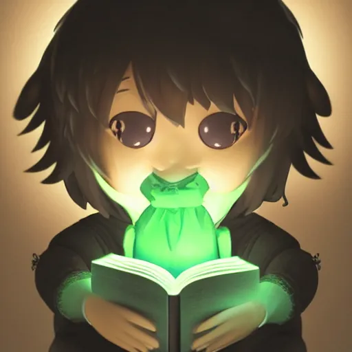 Prompt: cute fumo plush of a boy holding a book of forbidden spellcasting, eerie glow, black and white, green lighting and shadow, tendrils, vray