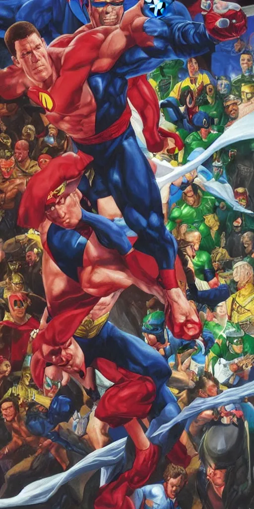 Prompt: A Kingdom Come cover featuring John Cena as PeaceMaker by Alex Ross, oil painting