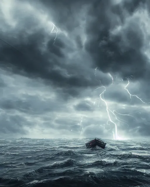 Image similar to establishing shot of a fishing boat on stormy seas, a gigantic star destroyer spaceship in the storm clouds flying overhead, stormy weather, dramatic lighting, unreal engine, hyper realism, realistic shading, cinematic composition, realistic render, octane render, detailed textures, photorealistic, ultrawide shot, 16mm lens