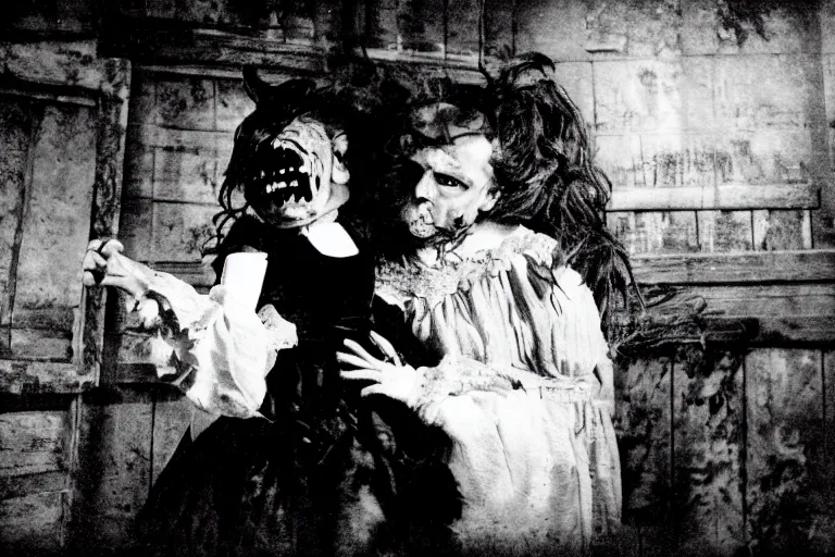 Image similar to film still of a scarred horrid vampiric creature with huge fangs clutching a victorian doll in a cluttered ruined barnyard, horror movie, eerie, creepy, grainy, dark, amazing lighting, great cinematography