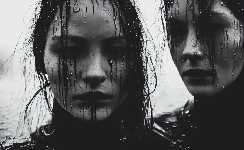 Image similar to cinestill 5 0 d candid photographic portrait by christopher nolan of two loving female androids wearing rugged black mesh techwear in treacherous waters, extreme closeup, modern cyberpunk moody emotional cinematic, pouring rain, 8 k, hd, high resolution, 3 5 mm, f / 3 2, ultra realistic faces, ex machina