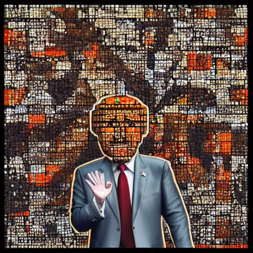 Image similar to portrait mosaic of trump with robot eyes, 4k, intricate details, digital, sun in the background