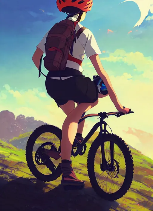 Prompt: portrait of girl riding off - road mountain bike, sunny sky background, downhill landscape, illustration concept art anime key visual trending pixiv fanbox by wlop and greg rutkowski and makoto shinkai and studio ghibli and kyoto animation, symmetrical facial features, sports clothing, mountain bike helmet, volumetric lighting