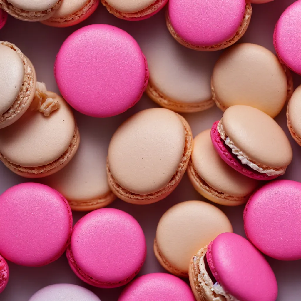 Prompt: top-down view of macarons on top of a pink surface, 8k, high detail, photorealistic, proper shading