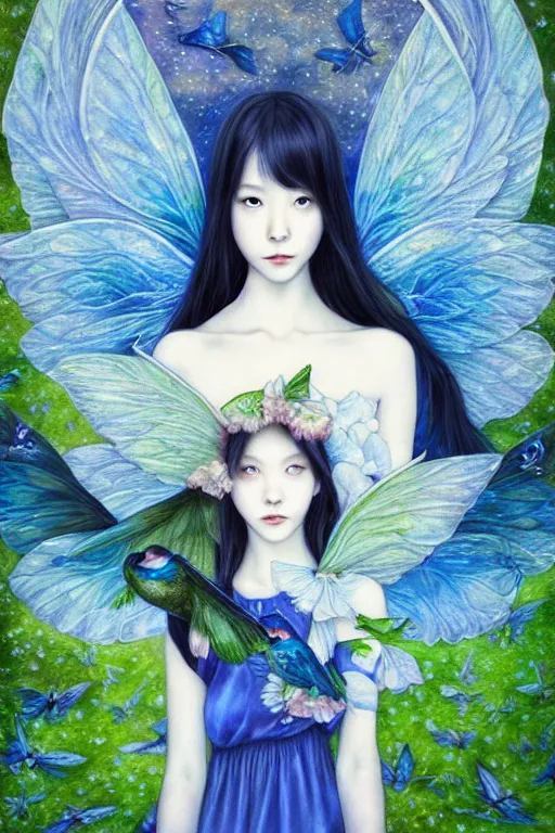 Prompt: breathtaking Portrait fairy by Miho Hirano, realistic, detailed, blue, green tonalities, beautiful collage technique including birds, CAT, ornate background, beautiful Fantasy detailed trending on artstation, oil painting, Dramatic lighting, eterea , high quality print, fine art with subtle redshift rendering