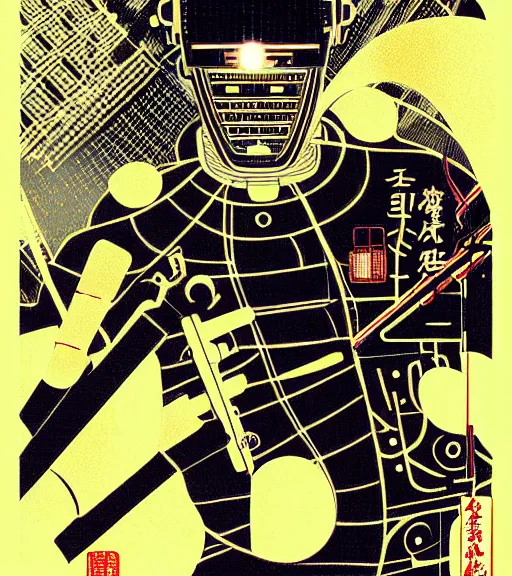 Prompt: futuristic japanese cyberpunk bladerunner silk screen by utagawa yoshiiku, ohara koson, pixiv contest winner, cyberpunk style, cyberpunk color scheme, mechanical, robotic, human machine interface, high resolution, hd