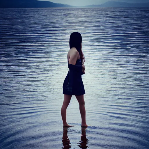 Prompt: dslr photo of a large lake with ripples from a pebble skimming across the water, full bodied portrait, artgerm, artstation, very high quality effects, intricate details,, extremely high quality, moody lighting, real camera, real photo, photography by deviantart, 8 k, full subject in shot