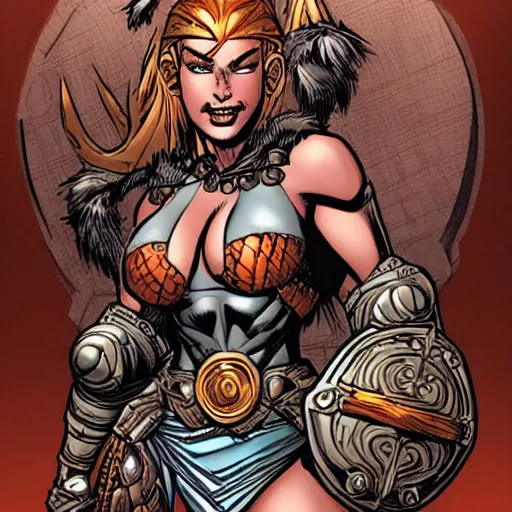 Image similar to Amazon warrior with a six-pack and heavy armor, drawn by J. Scott Campbell