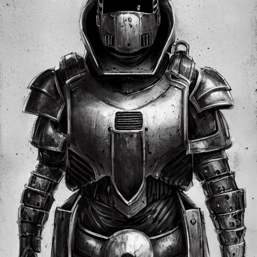 Prompt: knight, soldier, scifi, power armor, mechasuit, medieval, futuristic sword, heavy gun, armored, helmet, military, heavy, modern, gaz mask, black and white, concept art, bust portrait, Nekro, Tom Bagshaw, Craig Mullins, ventail, exsokeleton