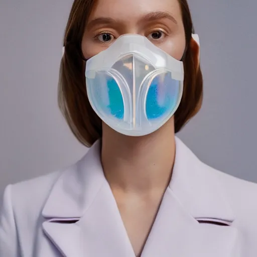 Image similar to an ultra high definition professional studio quality photograph of a transparent iridescent perspex pastel coloured face mask and coat on a white coat hook in an empty white room. dramatic lighting, ray tracing, refraction, shallow d. o. f, colour corrected, golden ratio, three point light. volumetric shadows. light rays.