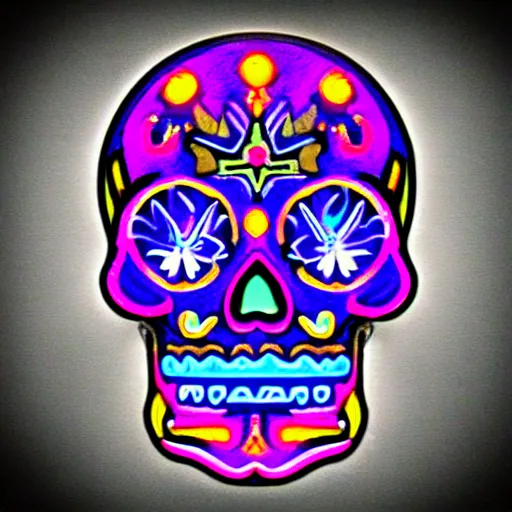 Image similar to “sugar skull made of chrome, neon lighting, digital art”