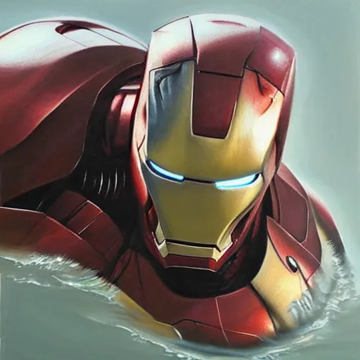 Prompt: Hyper-realistic painting of Iron man in water painted by Mike Dargas