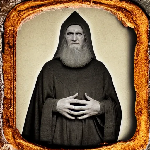 Prompt: medieval abbot, medieval monastery, hallowed halls, tintype photograph, 1100 AD photography, medieval Italy