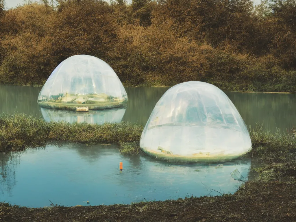 Prompt: a high quality faded kodak fuji analog film photograph of floating abstract inflatable transparent igloo in a shiny dusty floral alien environment next to a lake. ambient lighting. extremely wide angle. morning haze, dew. family holiday, guide ropes, facilities, litter, caustic reflections. pastel coloured plantlife.