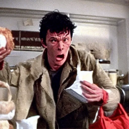 Image similar to film still of a funny looking werewolf with his hand extended, looking at a bag of flour, in an american werewolf in london