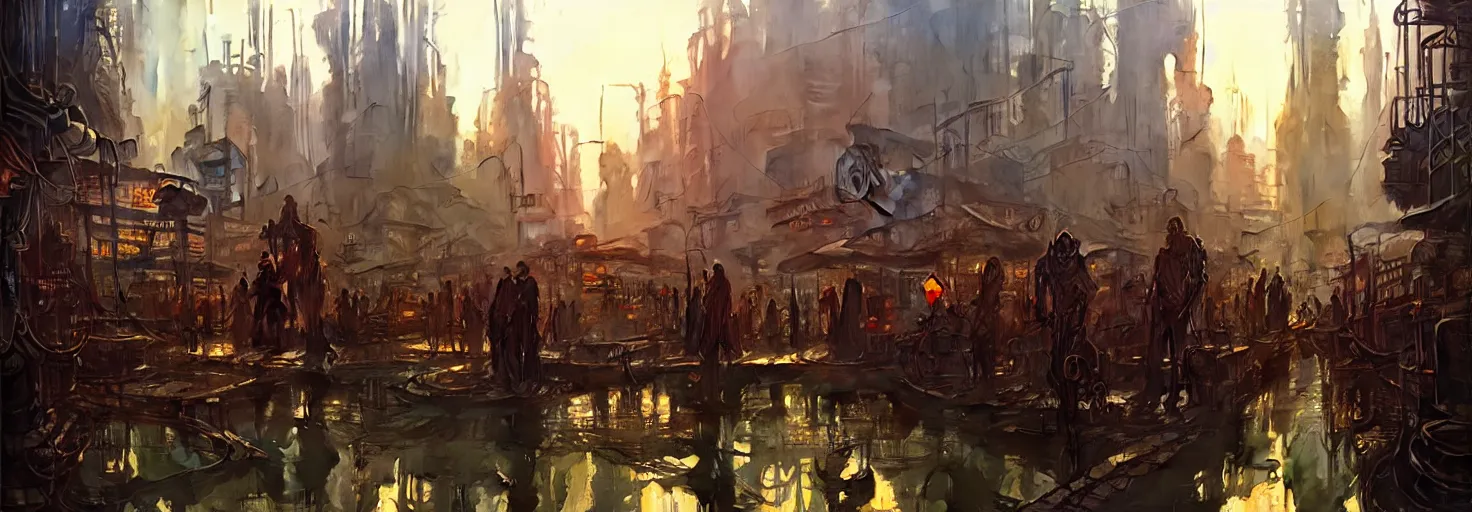 Image similar to steampunk cyberpunk city in a swamp, busy market, godrays, cinematic, poster art by weta studio, lucasfilm jesper ejsing, norman rockwell, mucha, ilya kuvshinov, greg rutkowski frank frazzeta on artstation