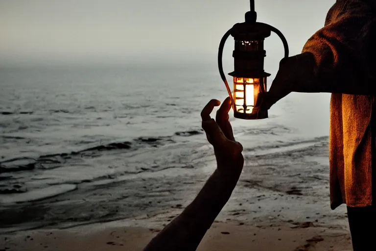 Image similar to closeup old man holding up a lantern on the beach in a pirate ship bay meet to a old wood shack by emmanuel lubezki