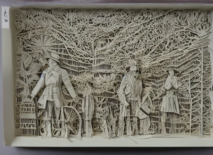 Image similar to intricate cut paper sculpture of mormon pioneers