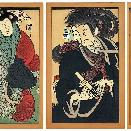Image similar to an octopus smoking eight cigarettes, ukiyo-e triptych by Utagawa Kuniyoshi