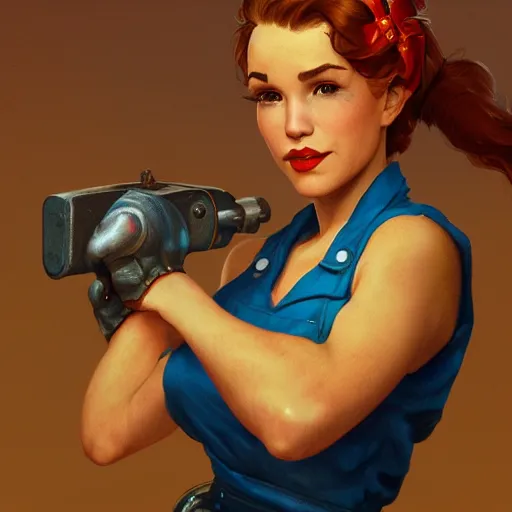 Prompt: A portrait of Rosie the Riveter, final fantasy, digital painting, portrait , cinematic lighting, highly detailed, artstation, concept art, illustration, smooth, sharp focus, artgerm , greg rutkowski, alphonse mucha, editor's pickup, trending on artstation, trending on deviantart, wlop, 8k