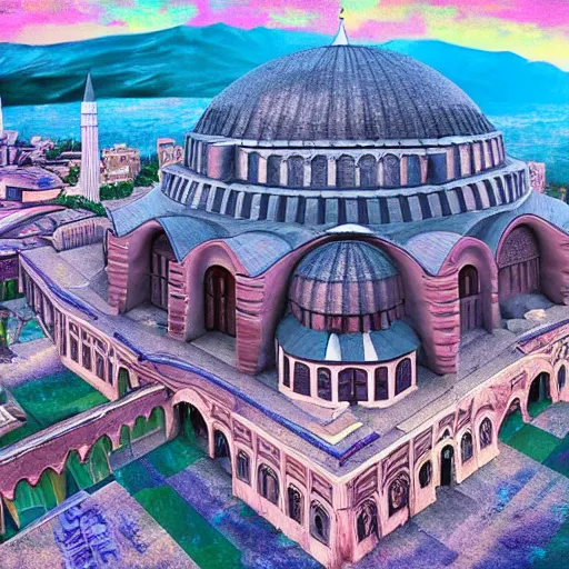 Prompt: a highly detailed painting of the hagia sophia and the done of the rock in a vaporwave style, ultrawide lense, aerial photography, unreal engine, exquisite detail, 8 k, art by brandon sanderson and robert jordan