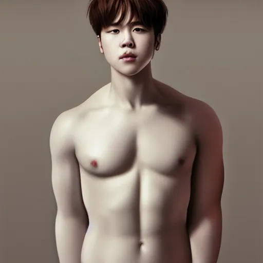 Image similar to wide angle full body portrait of Park Jimin as Antinous, dramatic photography, dramatic facial expression, tears, hand on his cheek, soft skin, soft blush, intricate, ethereal, highly detailed, high resolution, 8K resolution, sharp focus, Unreal engine 5, smooth, art by J. C. Leyendecker