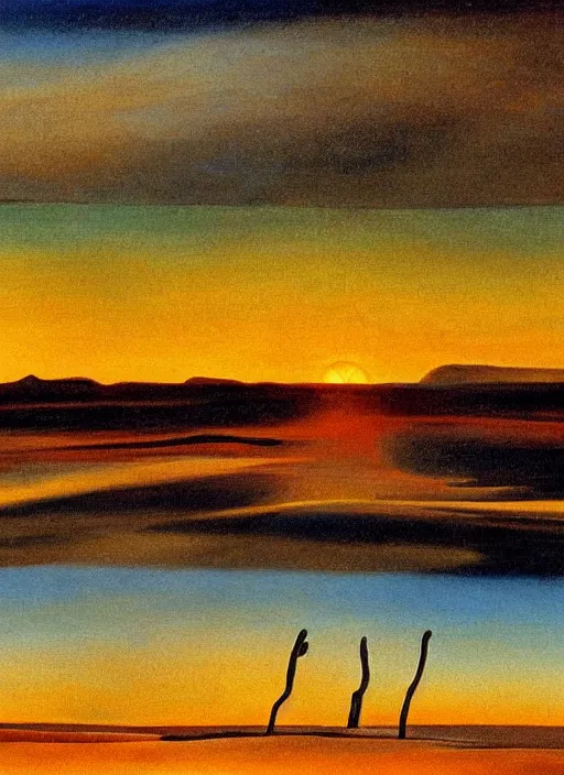 Image similar to high detailed oil painting of sunrise in desert painted by salvador dali