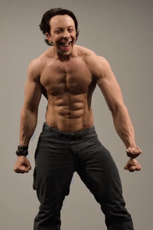 Image similar to Sam Riegel is a jacked muscle builder gigachad, grayscale photography, Critical Role, Smirk