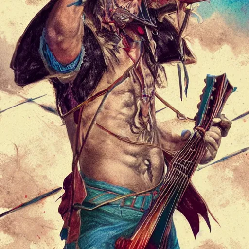 Image similar to detailed photo of a Half-orc bard portrayed by the gigachad Gary Busey with a lute, 8k,by Tristan Eaton, Stanley Artgermm, Tom Bagshaw, Greg Rutkowski, Carne Griffiths, trending on DeviantArt, face enhance, hyper detailed ,full of color, dramatic lightning, epic stance