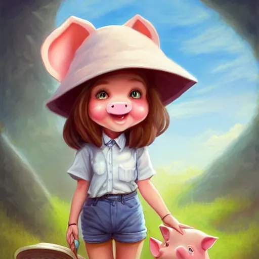 Image similar to cute little anthropomorphic funny female pig wearing shorts, a sunhat, boots and a pale blue shirt!! tiny!! fully clothed!!! small, short, cute and adorable, character art portrait, matte fantasy painting, deviantart artstation, by jason felix by steve argyle by tyler jacobson by peter mohrbacher, cinema