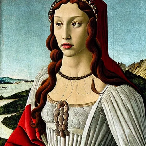 Image similar to portrait of tyrannosaurus dressed as an italian queen, painting by botticelli