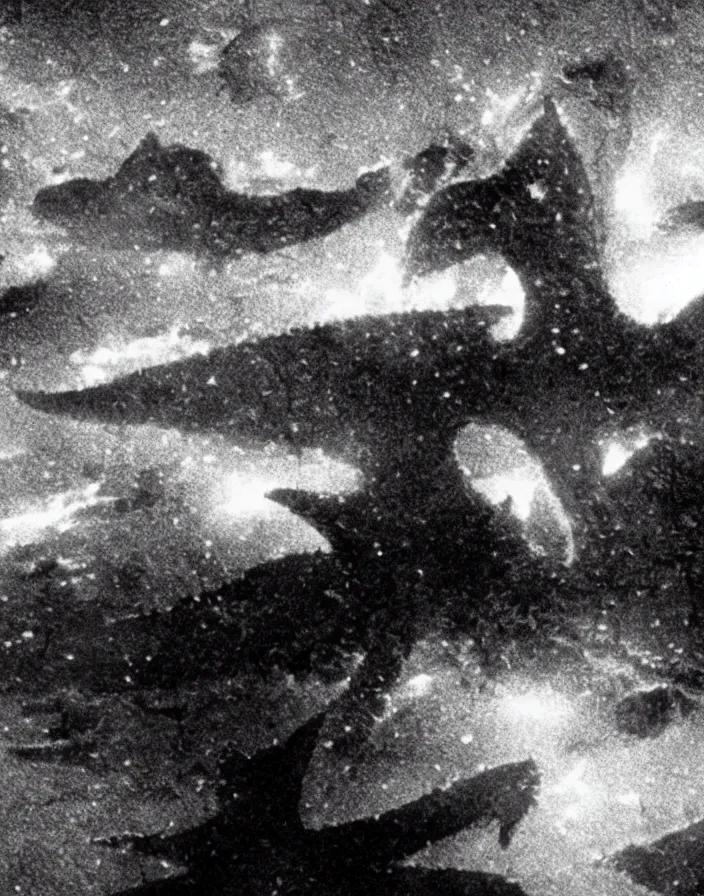 Image similar to a filmstill of a north korean monster movie, kaiju - eiga monster starfish - like trampling a traditional korean palace, foggy, film noir, epic battle, etheral, explosions, communist starfish, thriller, by wachowskis and robert eggers, video compression