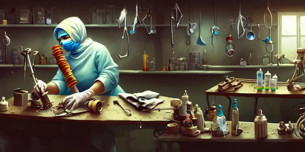 Image similar to an environmental concept art of a babushka surgeon in a cluttered mechanics workshop, surgical impliments, surgery table, highly detailed, cinematic, dramatic