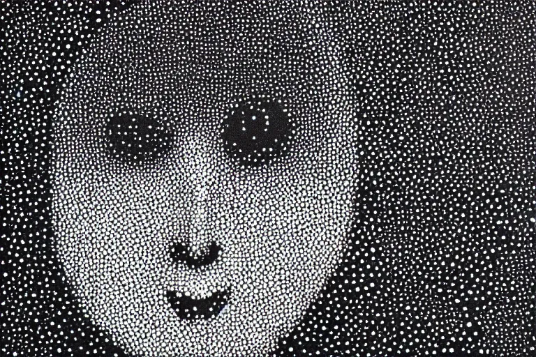 Image similar to face made out of planet, faceless people dark, dots, drip, stipple, pointillism, technical, abstract, minimal, style of francis bacon, asymmetry, pulled apart, cloak, hooded figure, made of dots, abstract, balaclava