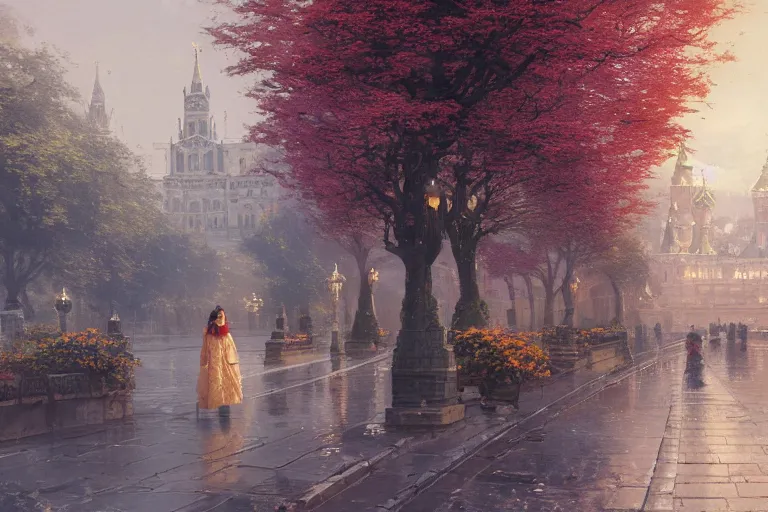 Prompt: a beautiful picture of moscow street in full bloom, palace ， a girl in hanfu, by greg rutkowski and thomas kinkade, trending on artstation