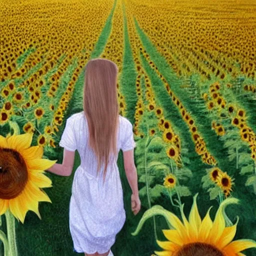 Image similar to a girl slowly walking through amazing tall sunflower field, her hair flowing down, subtle, intricate details, real masterpiece, oil on canvas, by leonardo da vinci, vitalik buterin