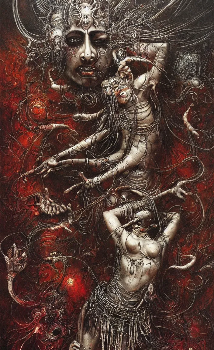 Prompt: Shiva is dancing. Drops of blood. Dark colors, high detail, hyperrealism, intricate details, masterpiece, art by Greg Broadmore, Esao Andrews, Beksinski, Giger