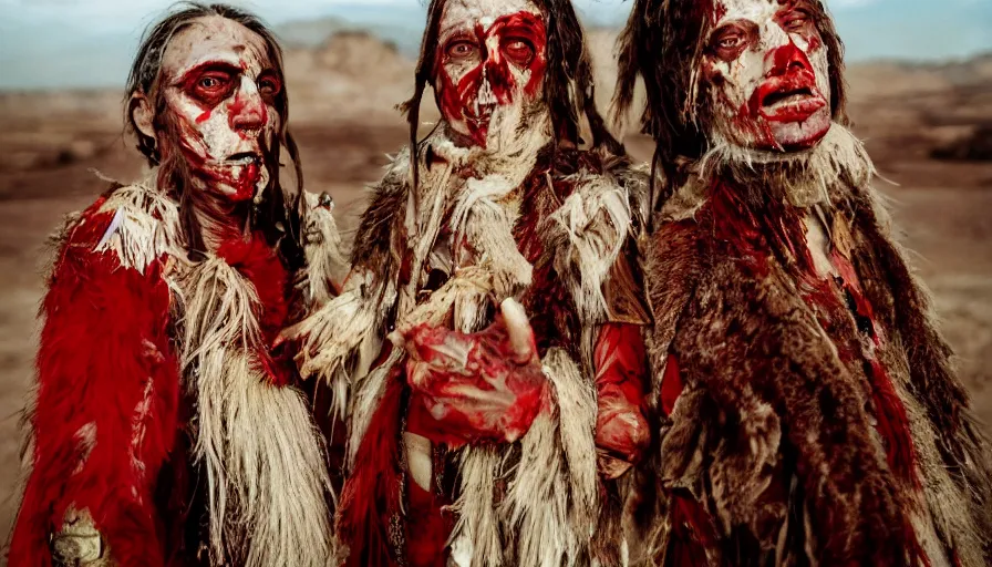 Prompt: high realistic photo portrait of esoteric tribes members with taxidermic flesh bloody jaw and elaborate red clothes in the desert, eastmancolor, heavy grain, high quality,