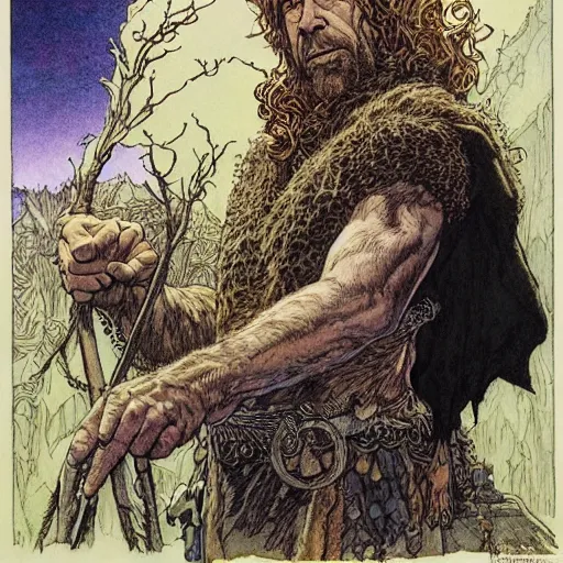 Image similar to a realistic and atmospheric portrait of humprey bogart as a druidic warrior wizard looking at the camera with an intelligent gaze by rebecca guay, michael kaluta, charles vess and jean moebius giraud