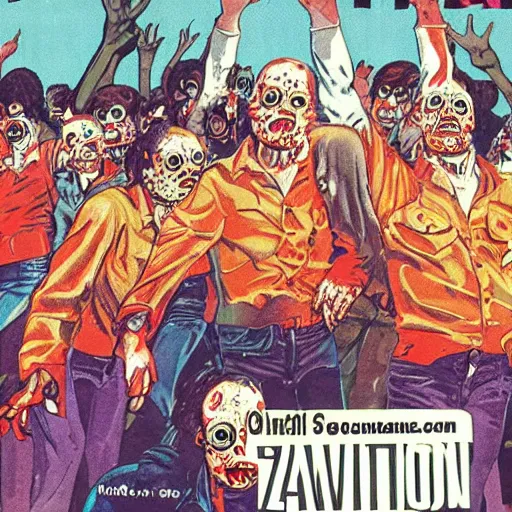 Image similar to A 1980s poster of a gas station being overrun with zombies