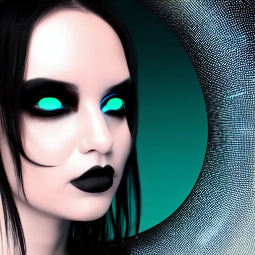 Image similar to an immaculate blender render high key anaglyph lighting headshot rendering of an attractive curvy cybernetic goth woman with embedded LEDs, a cybernetic eye, and shiny black exoskeleton.