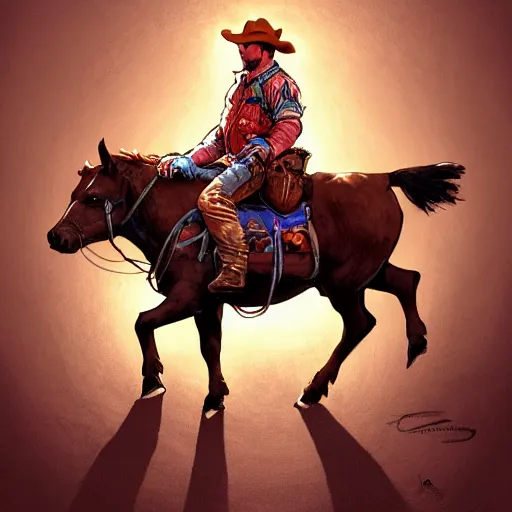 Image similar to Chubby Ethan Van Sciver as a cowboy chasing cattle, colorful, dramatic lighting, detailed, intricate, elegant, highly detailed, digital painting, artstation, concept art, smooth, sharp focus, illustration