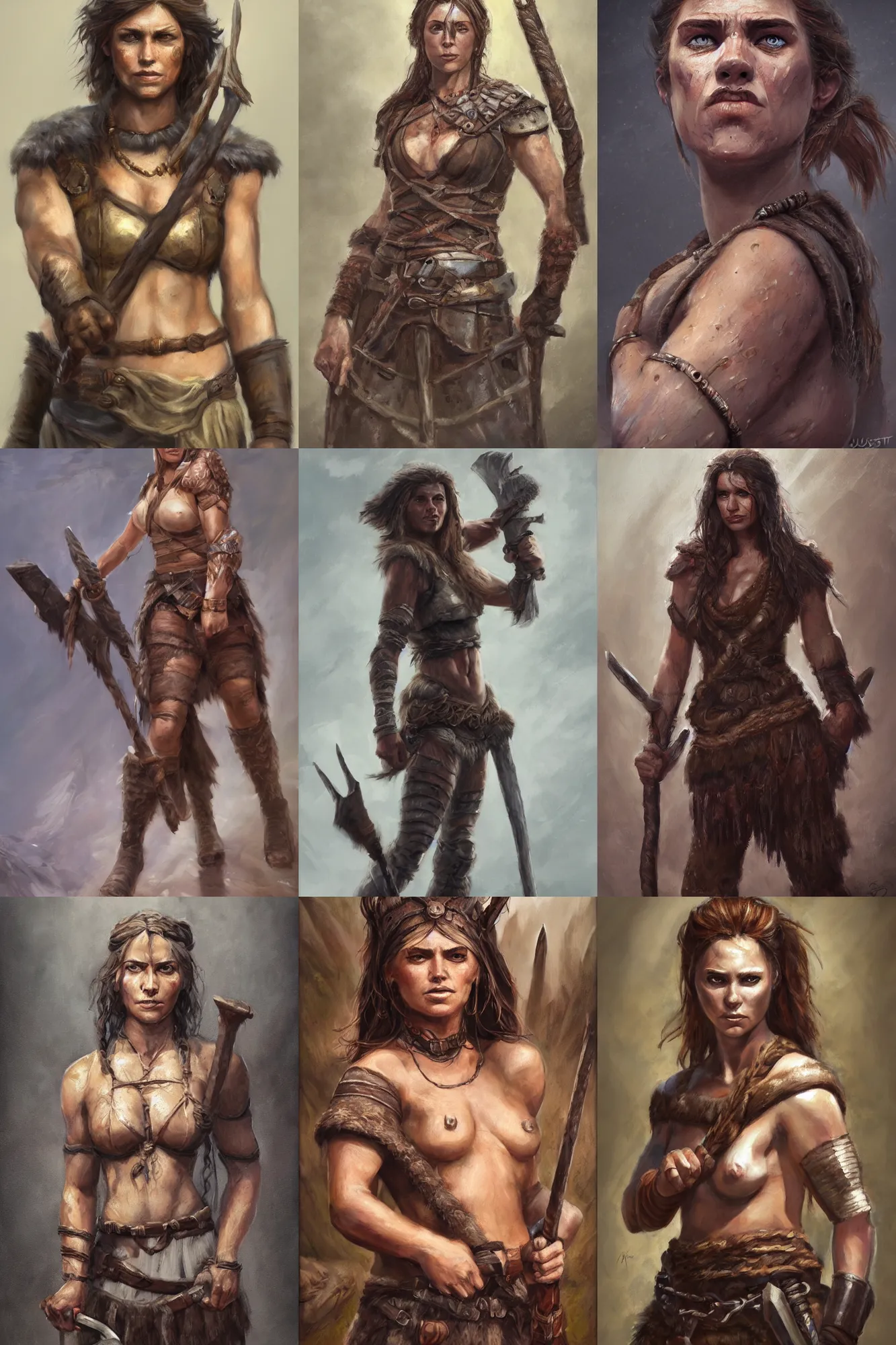 Prompt: a full body fantasy portrait oil painting illustration of a single rugged stoic barbarian woman by Justin Sweet with face and body clearly visible, d&d, rpg, forgotten realms, artstation trending, high quality, sombre mood, artstation trending, muted colours, no crop, entire character,