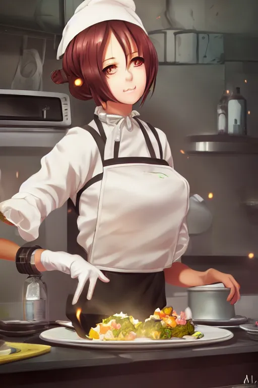 Image similar to a cute android maid girl cooking breakfast, character art portrait, anime key visual, official media, illustrated by wlop, extremely detailed, 8 k, trending on artstation, cinematic lighting, beautiful,